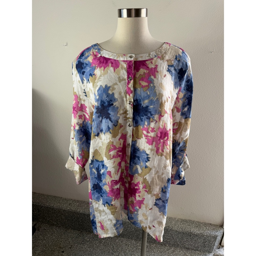 JM Collection Womens Plus 18 Floral 100% Linen Button Up Shirt Watercolor Tunic